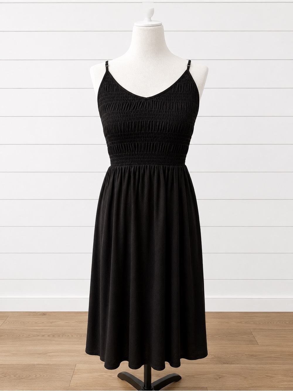 🖤 Alya Black Smocked Bodice Midi Dress with Spaghetti Straps